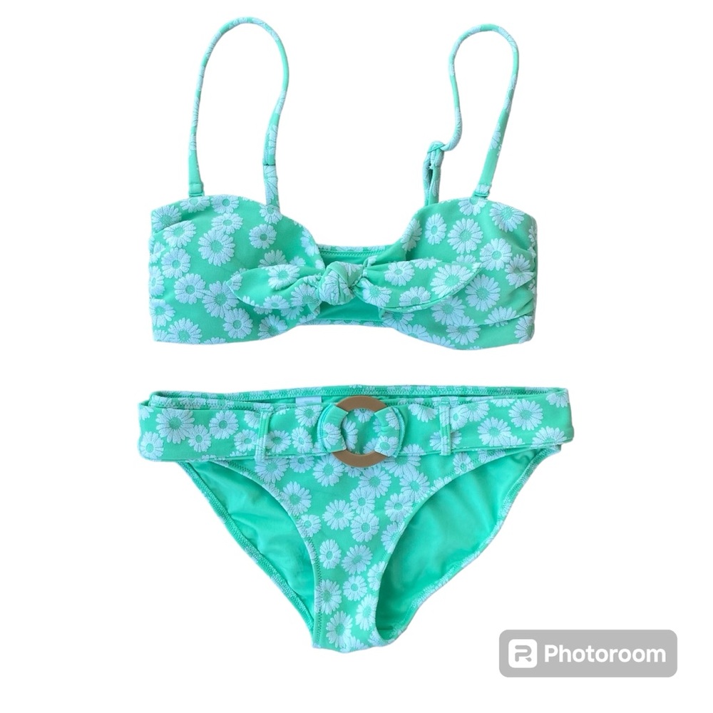 Aerie Floral Green & White Boho Twist Bandeau Top Bikini / Small